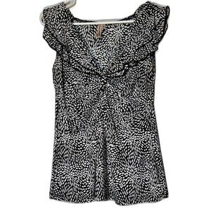 Y2K Susan Lawrence Top Ruffled-V-Neck ruffle-Cap-Sleeves Black & White XL USA